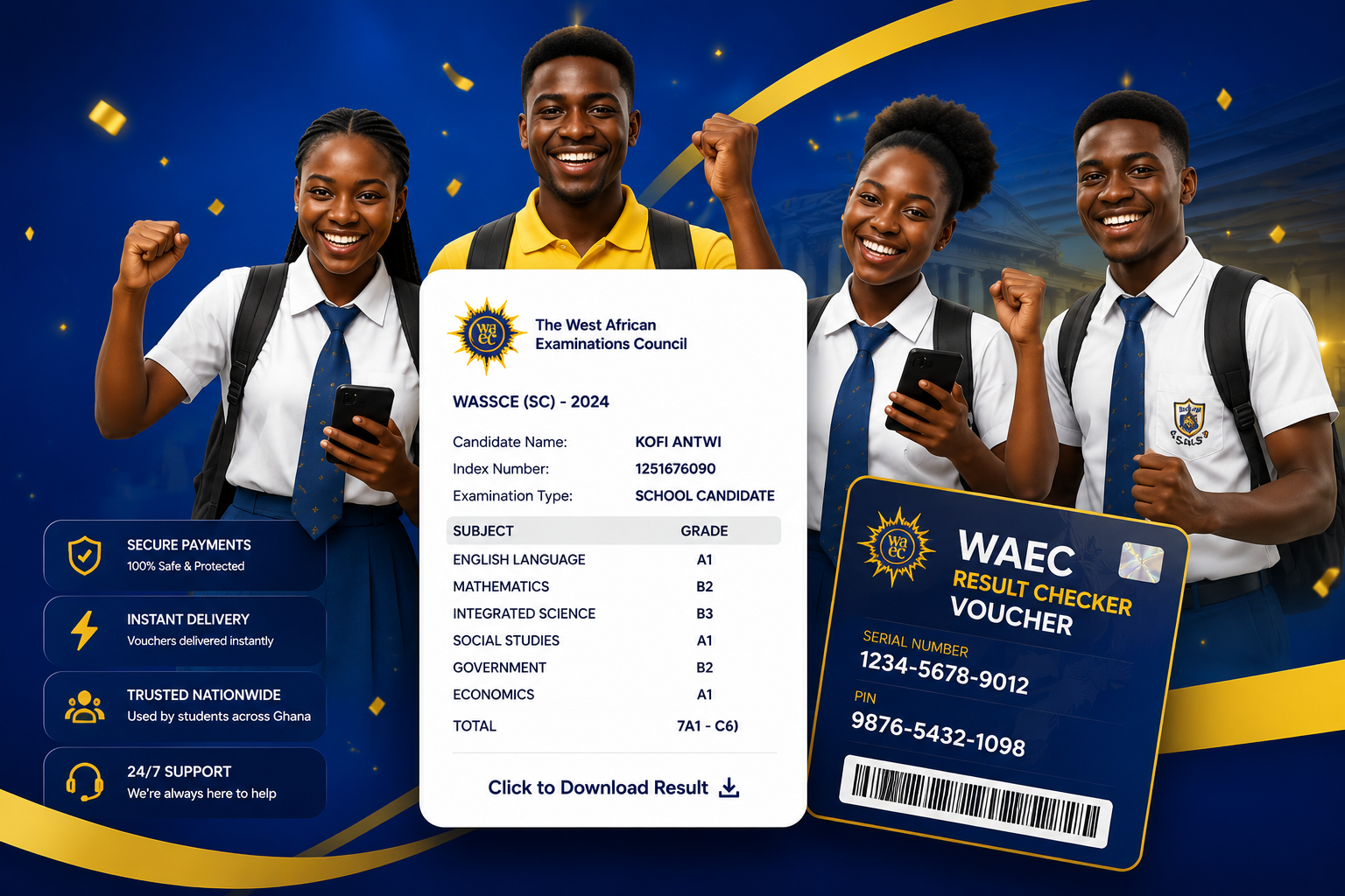 Ghanaian students celebrating WAEC results with voucher and result slip